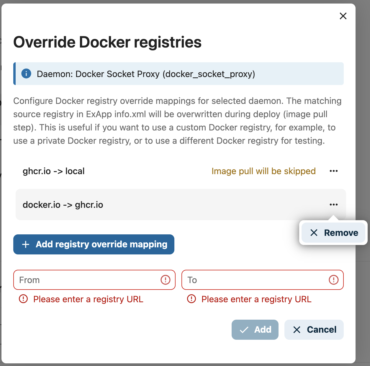 AppAPI Override Docker registries dialog listing registry mappings with the form to add a new mapping